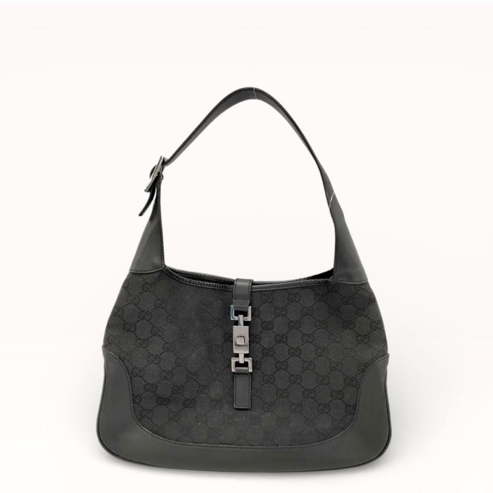 Vintage Gucci GG Canvas Jackie Shoulder Bag in Black Canvas and Leather